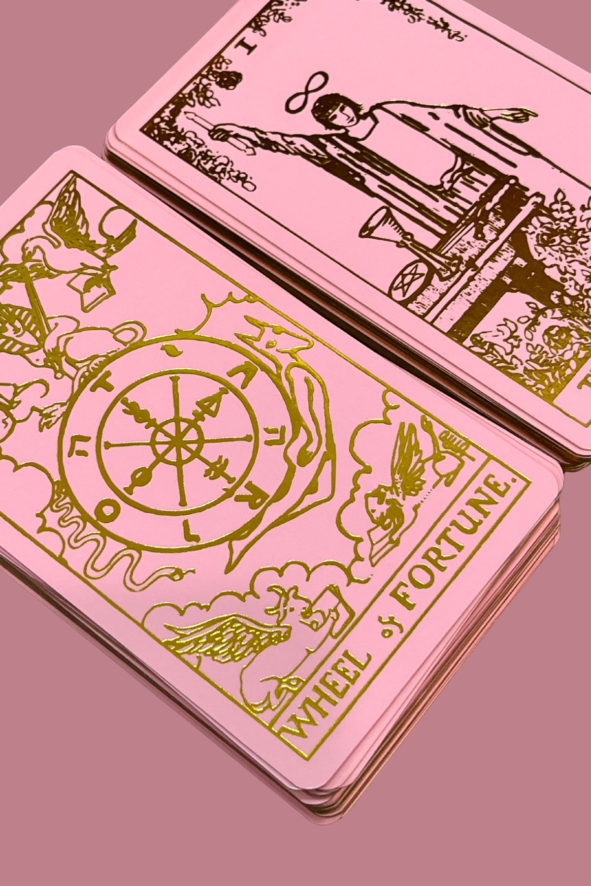 Baraja de cartas de tarot de edición rose gold.