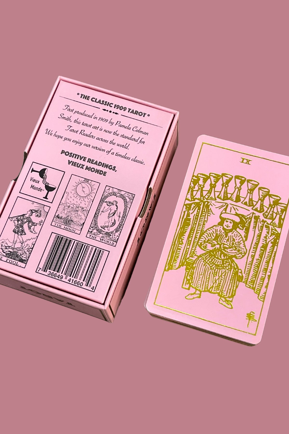 Baraja de cartas de tarot de edición rose gold.