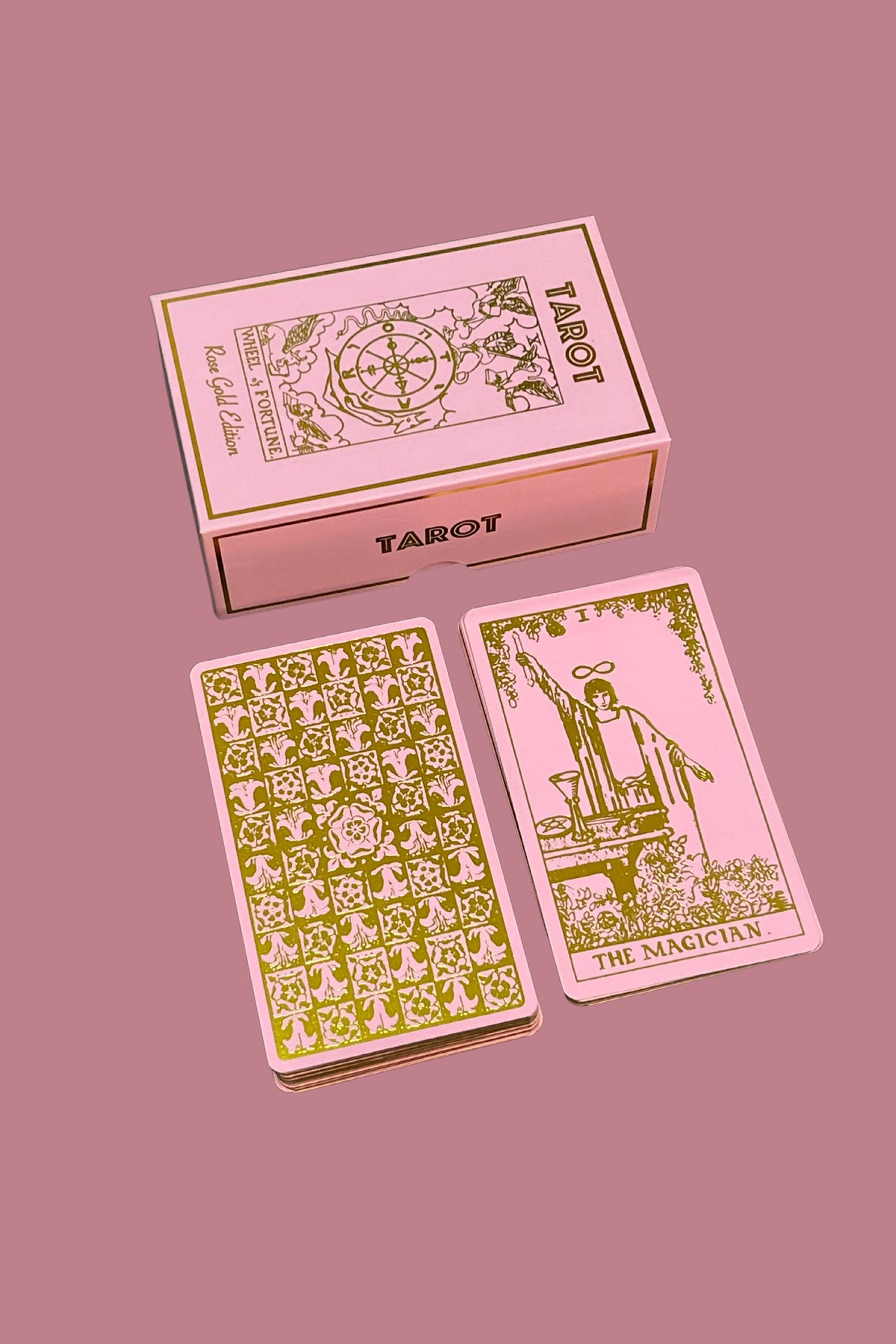 Baraja de cartas de tarot de edición rose gold.